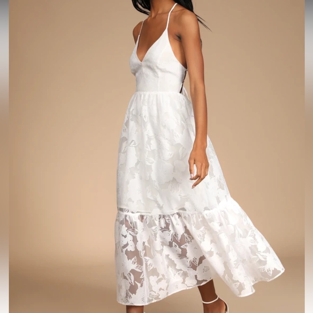 Lulu's Feeling Like Forever White Jacquard Organza Lace-Up Midi Dress